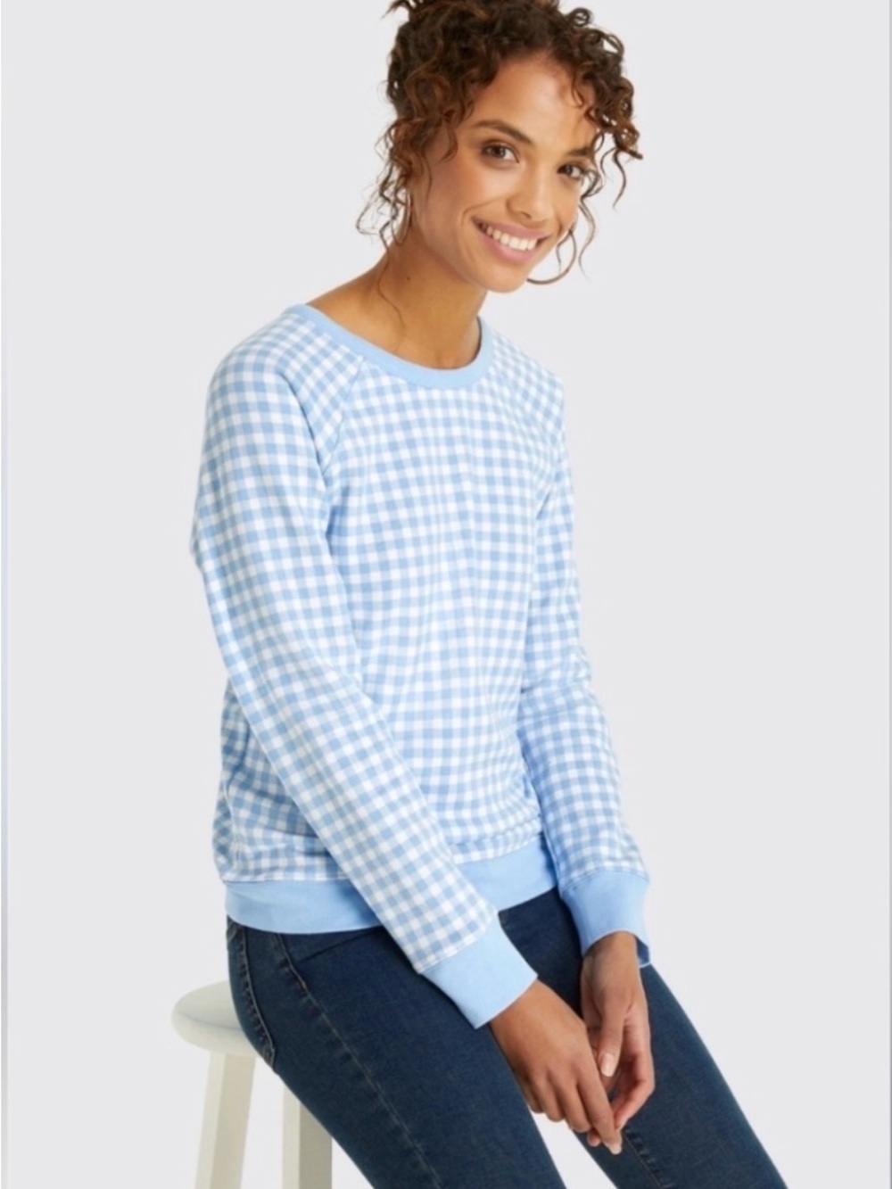 Draper James Light Blue & White Gingham Crewneck Sweater